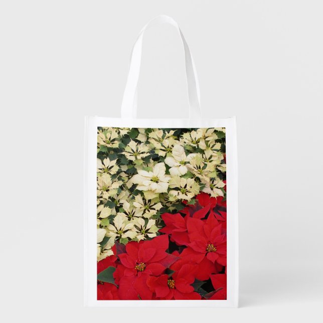 White and Red Poinsettias I Holiday Floral Grocery Bag (Front)