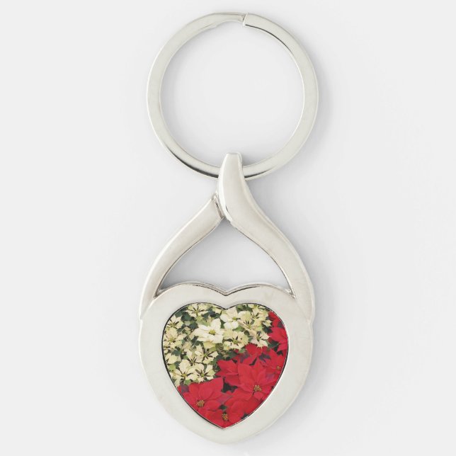 White and Red Poinsettias I Holiday Floral Keychain (Front)