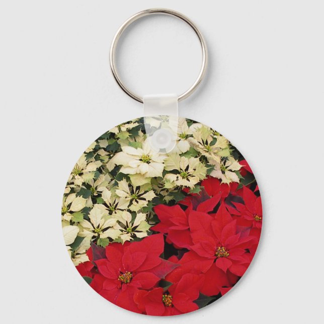 White and Red Poinsettias I Holiday Floral Keychain (Front)