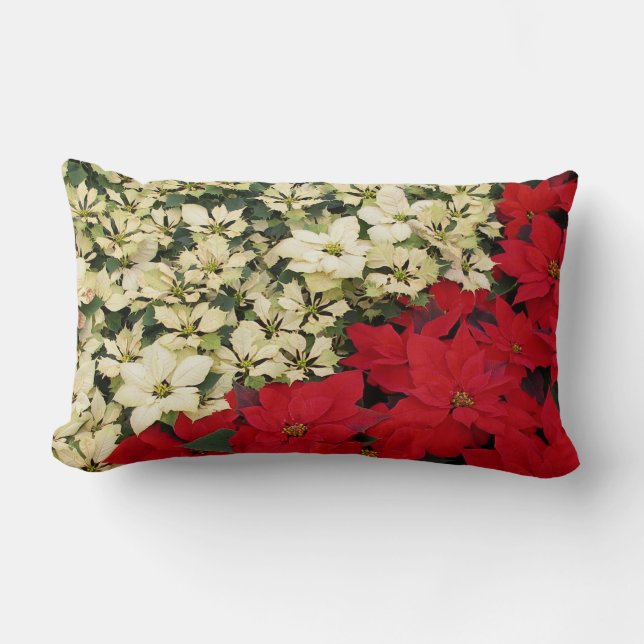 White and Red Poinsettias I Holiday Floral Lumbar Pillow (Front)