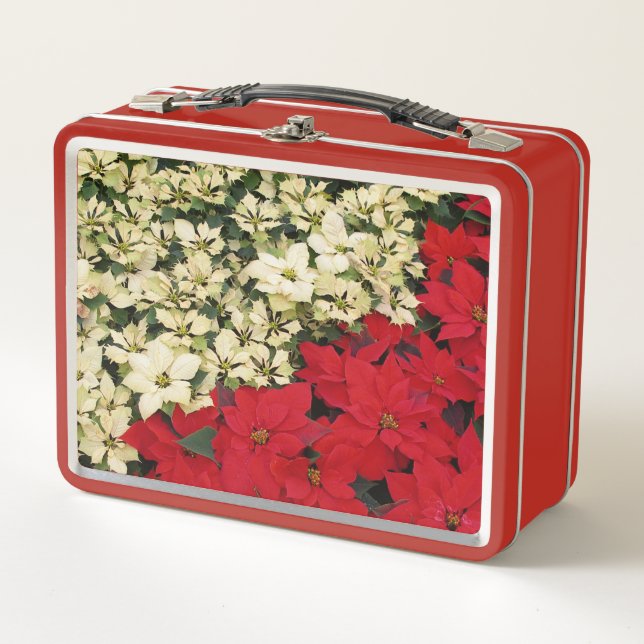 White and Red Poinsettias I Holiday Floral Metal Lunch Box (Front)