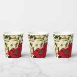 White and Red Poinsettias I Holiday Floral Paper Cups