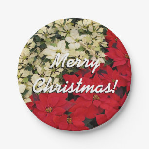 White and Red Poinsettias I Holiday Floral Paper Plates