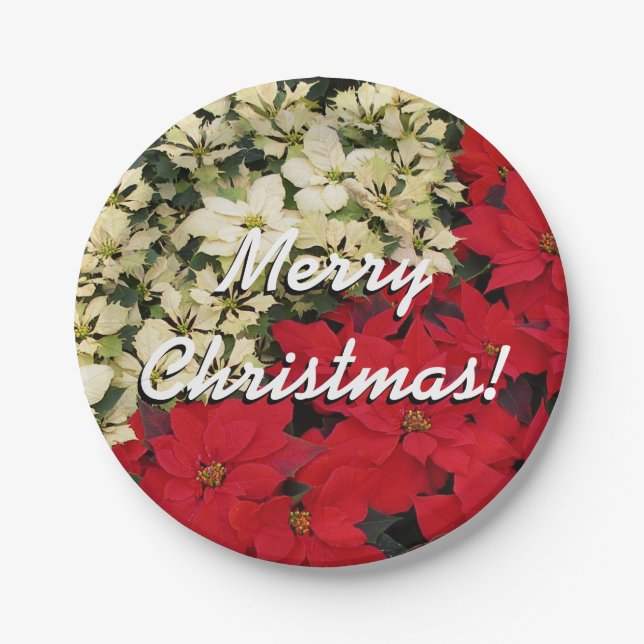 White and Red Poinsettias I Holiday Floral Paper Plates (Front)