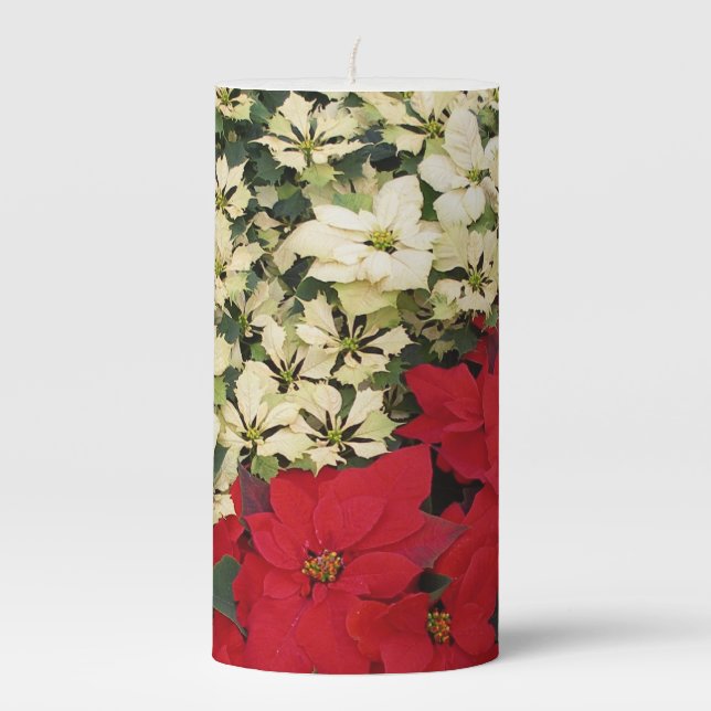 White and Red Poinsettias I Holiday Floral Pillar Candle (Front)