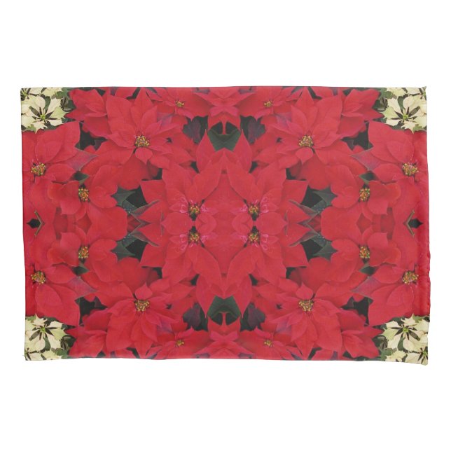 White and Red Poinsettias I Holiday Floral Pillow Case (Front)