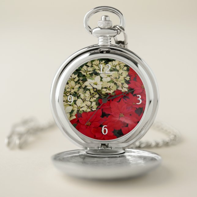 White and Red Poinsettias I Holiday Floral Pocket Watch (Inside)
