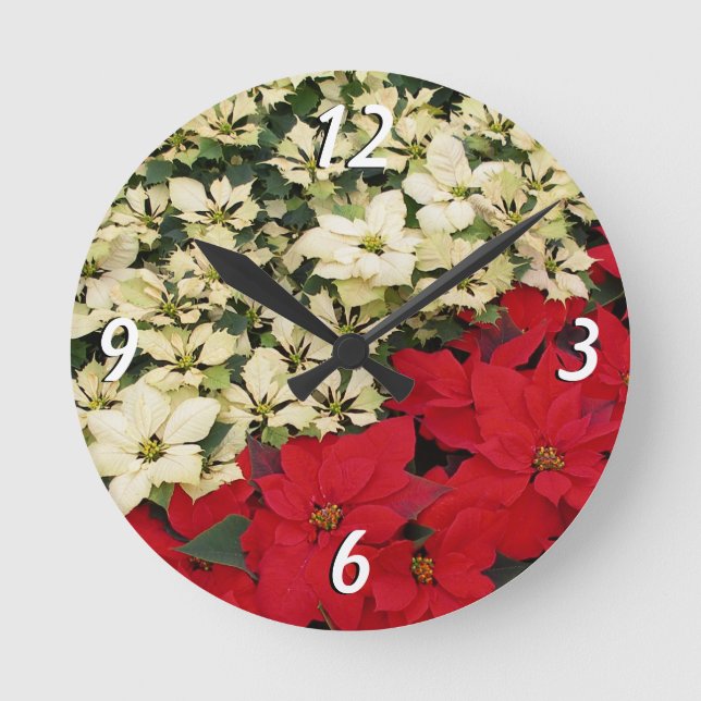 White and Red Poinsettias I Holiday Floral Round Clock (Front)