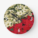 White and Red Poinsettias I Holiday Floral Round Clock