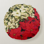 White and Red Poinsettias I Holiday Floral Round Pillow