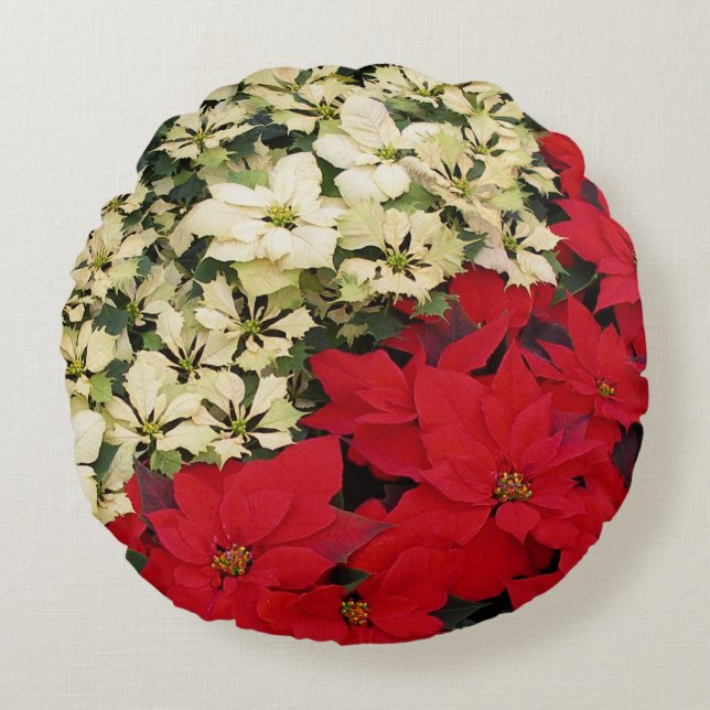 White and Red Poinsettias I Holiday Floral Round Pillow (Front)