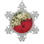 White and Red Poinsettias I Holiday Floral Snowflake Pewter Christmas Ornament