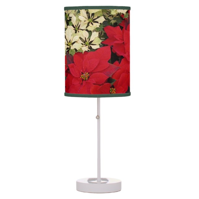 White and Red Poinsettias I Holiday Floral Table Lamp (Front)