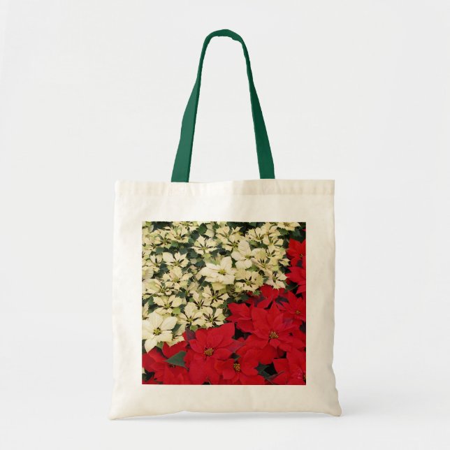 White and Red Poinsettias I Holiday Floral Tote Bag (Front)
