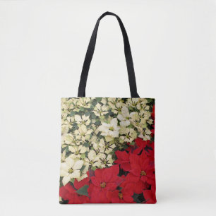White and Red Poinsettias I Holiday Floral Tote Bag