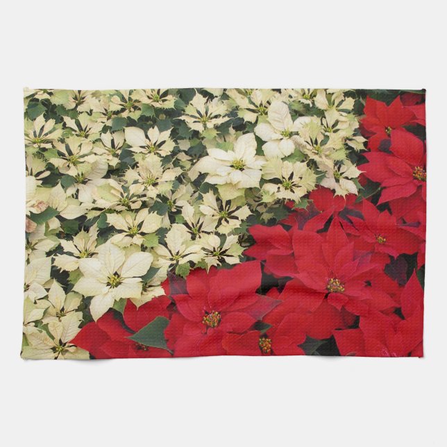 White and Red Poinsettias I Holiday Floral Towel (Horizontal)