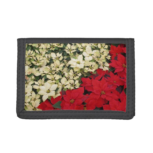 White and Red Poinsettias I Holiday Floral Tri-fold Wallet (Front)