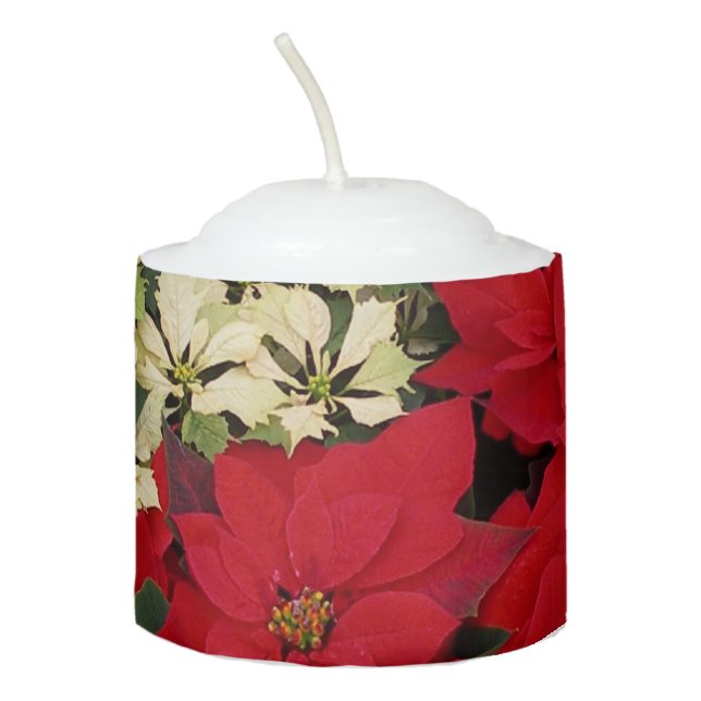 White and Red Poinsettias I Holiday Floral Votive Candle (Front)
