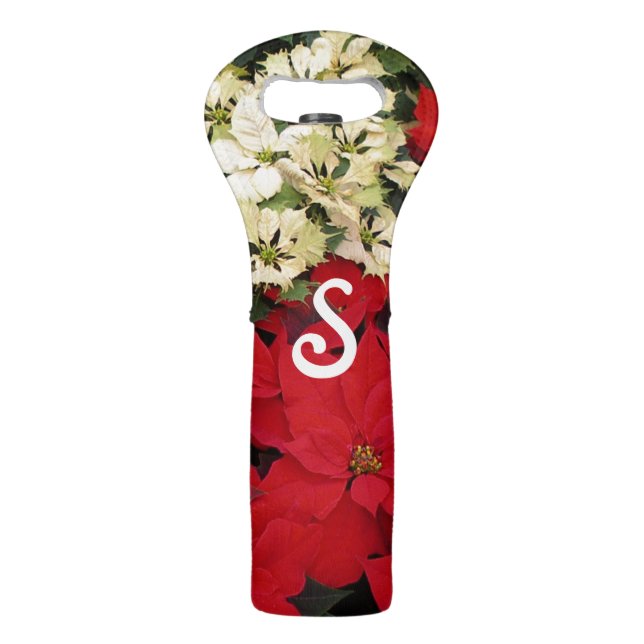 White and Red Poinsettias I Holiday Floral Wine Bag (Front)