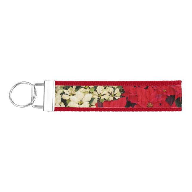 White and Red Poinsettias I Holiday Floral Wrist Keychain (Keys on Left)