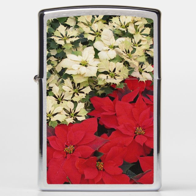 White and Red Poinsettias I Holiday Floral Zippo Lighter (Front)