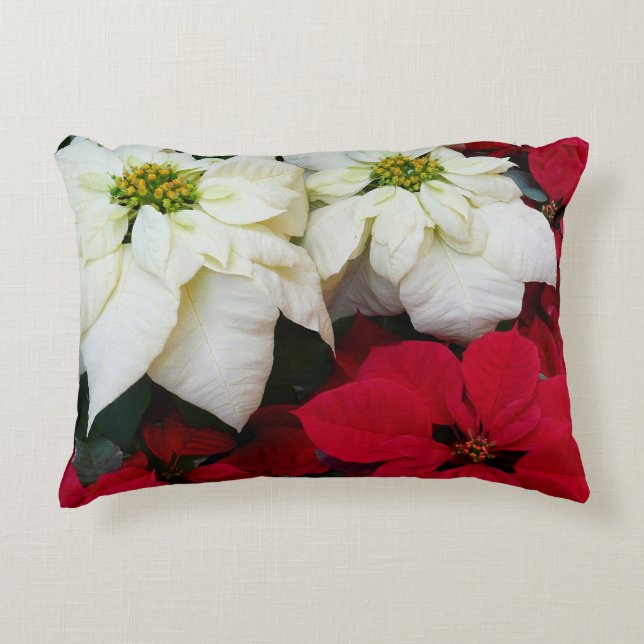White and Red Poinsettias II Christmas Holiday Accent Pillow (Front)