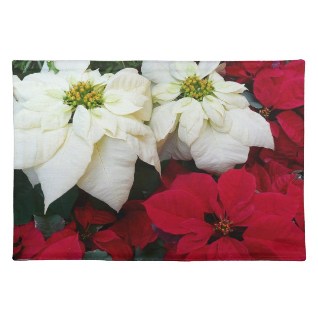 White and Red Poinsettias II Christmas Holiday Cloth Placemat (Front)