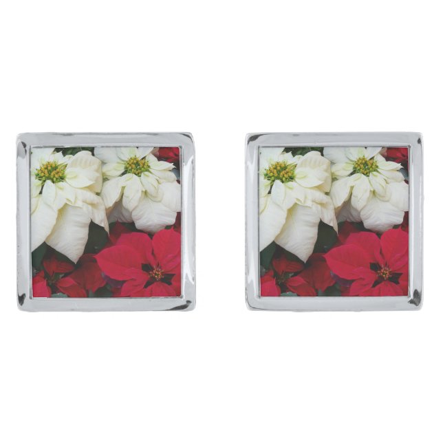 White and Red Poinsettias II Christmas Holiday Cufflinks (Front)
