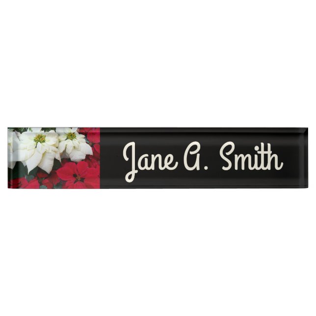 White and Red Poinsettias II Christmas Holiday Desk Name Plate (Front)