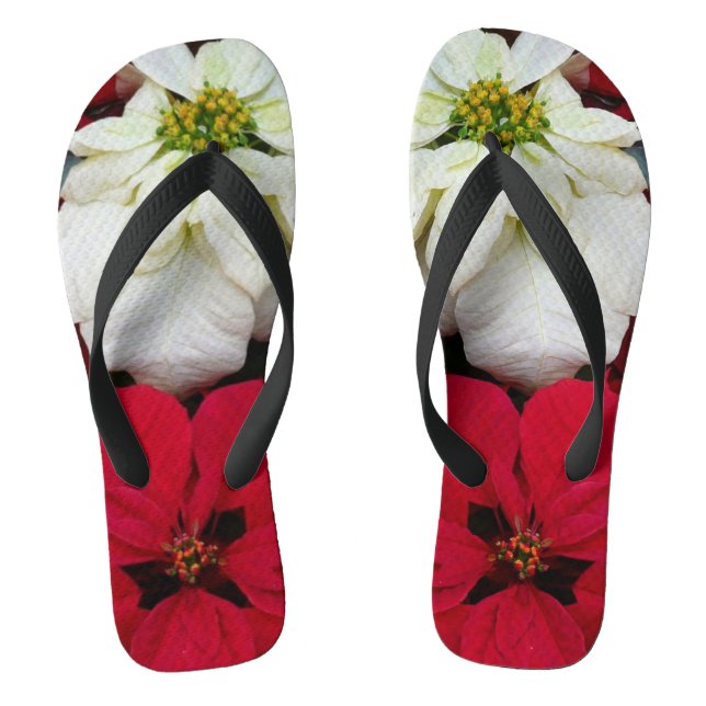 White and Red Poinsettias II Christmas Holiday Flip Flops (Footbed)