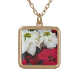 White and Red Poinsettias II Christmas Holiday Gold Plated Necklace