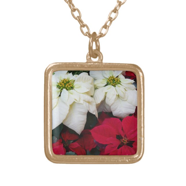 White and Red Poinsettias II Christmas Holiday Gold Plated Necklace (Front)