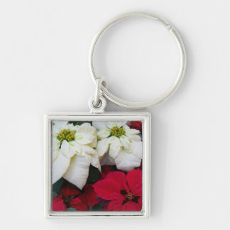 White and Red Poinsettias II Christmas Holiday Keychain