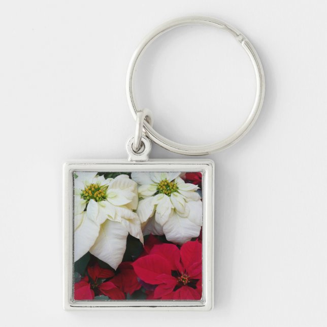 White and Red Poinsettias II Christmas Holiday Keychain (Front)