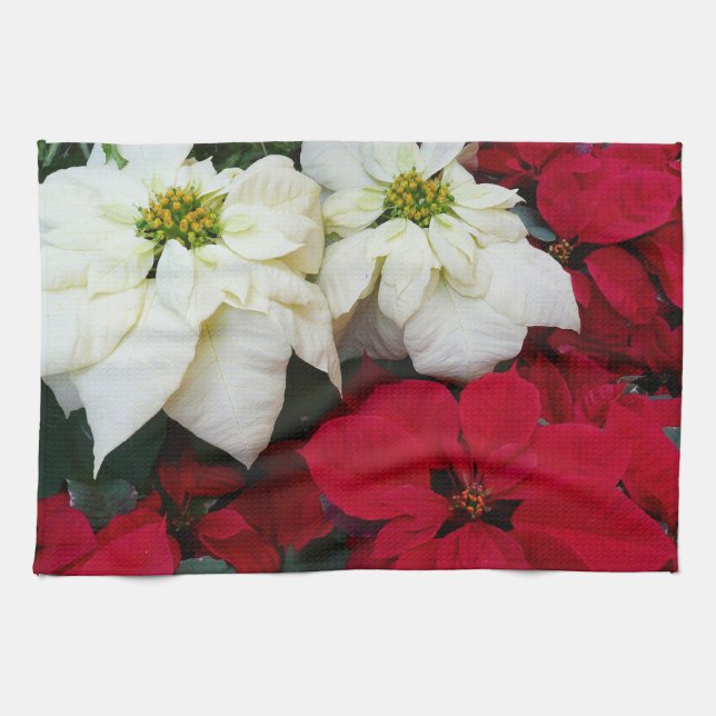White and Red Poinsettias II Christmas Holiday Kitchen Towel (Horizontal)