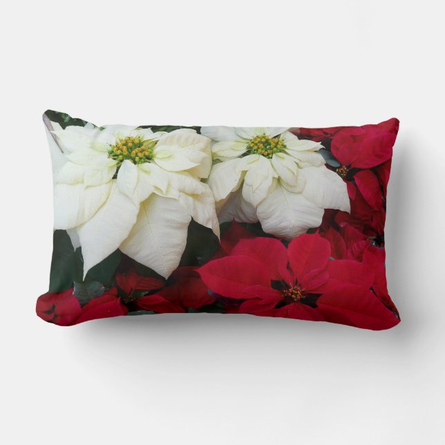 White and Red Poinsettias II Christmas Holiday Lumbar Pillow (Front)