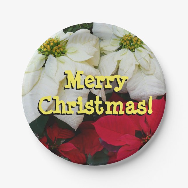 White and Red Poinsettias II Christmas Holiday Paper Plates (Front)