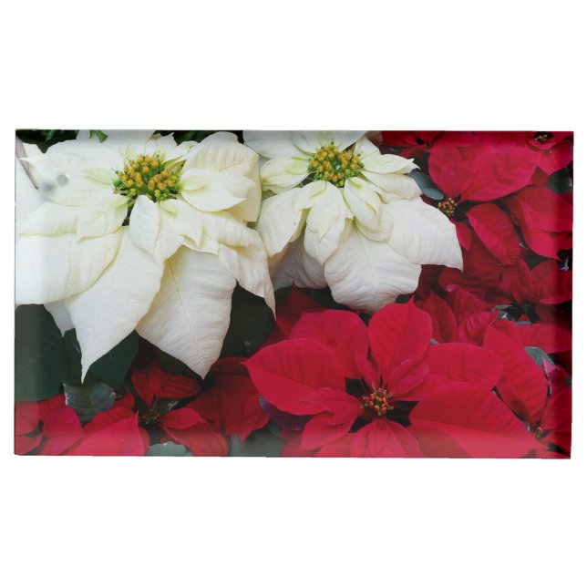White and Red Poinsettias II Christmas Holiday Place Card Holder (Front)