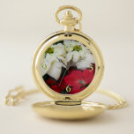 White and Red Poinsettias II Christmas Holiday Pocket Watch