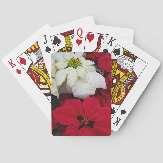 White and Red Poinsettias II Christmas Holiday Poker Cards (Back)