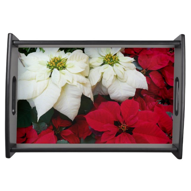 White and Red Poinsettias II Christmas Holiday Serving Tray (Front)