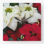White and Red Poinsettias II Christmas Holiday Square Wall Clock