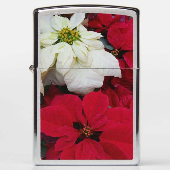White and Red Poinsettias II Christmas Holiday Zippo Lighter (Front)