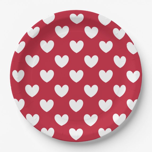 White and red polka hearts paper plates (Front)