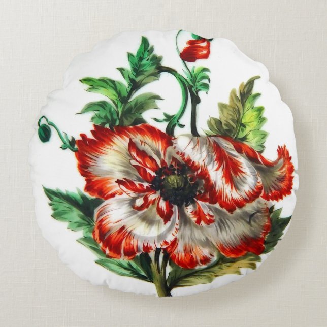 White and Red Poppy Flower Art Round Pillow (Front)