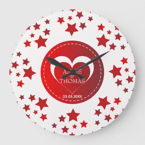 White And Red Stars And Heart Large Clock