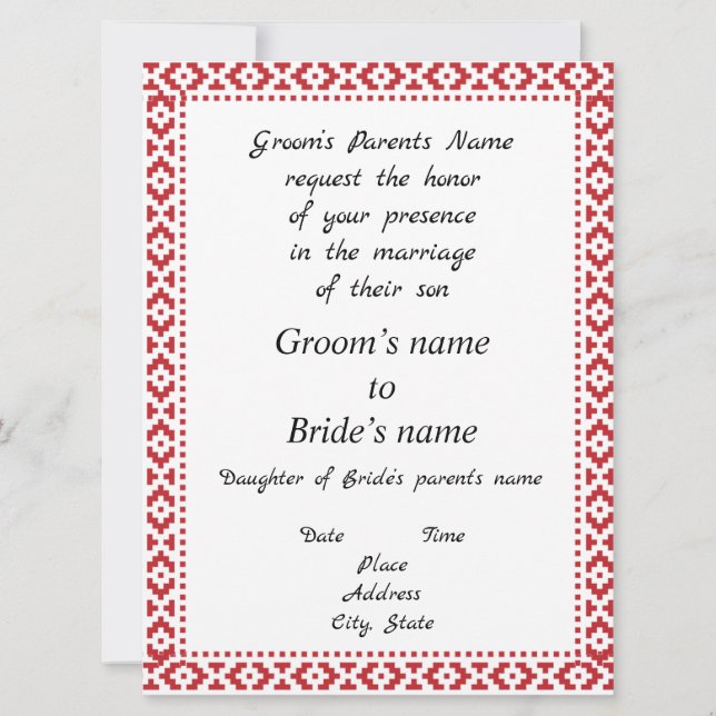 White and Red Tatreez Wedding Invitation (Front)