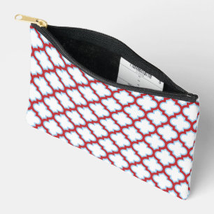 White and Red Trellis, Lattice, Quatrefoil Accessory Pouch