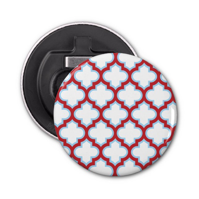 White and Red Trellis, Lattice, Quatrefoil Bottle Opener (Front)
