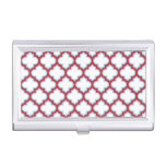 White and Red Trellis, Lattice, Quatrefoil Business Card Case